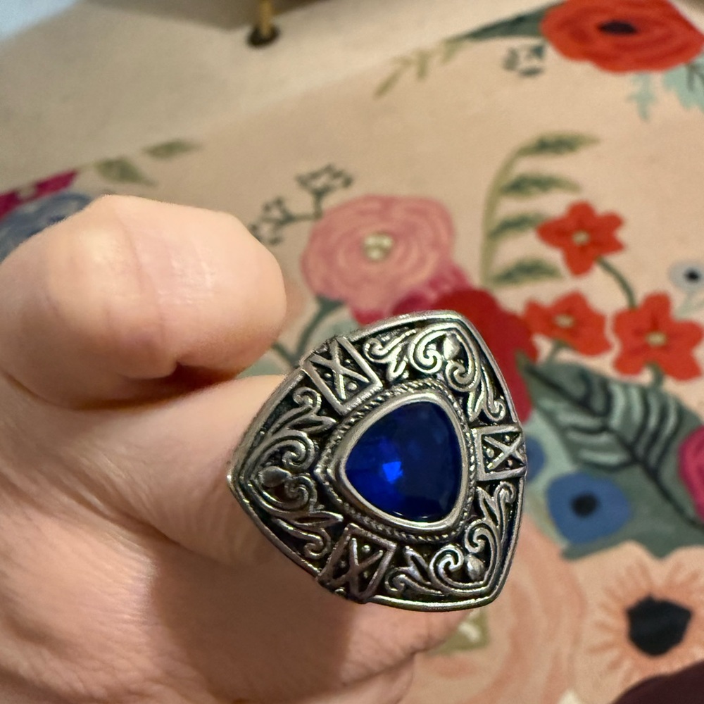 Blue CZ Stainless Steel Ornate Celtic Scroll Statement Cocktail Ring Size 6